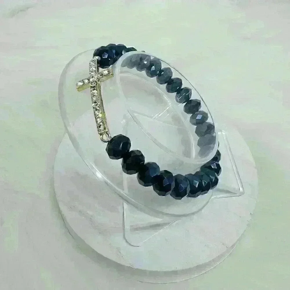 Navy Blue Beaded Bracelet with Rhinestones Cross